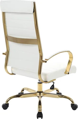 Vista 6 de LeisureMod Silla de oficina moderna de cuero con respaldo alto, silla de escritorio ejecutiva giratoria y ajustable con marco dorado, diseño Blanco
