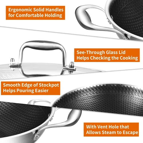 Vista 6 de DELARLO Wok con Tapa de 12 Pulgadas Wok Antiadherente, Apto para Horno Hasta 600℉, Woks y Sartenes para Freír Antiadherentes, Wok de Acero