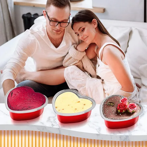 Vista 6 de 40 juegos de moldes para pasteles en forma de corazón, mini moldes para pasteles con tapas de 3.4 fl oz/3.5 onzas, moldes de aluminio con tapas