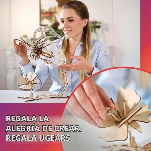 Vista 4 de Ugears Rompecabezas 3D de madera para adultos, kit de modelo mecánico de rompecabezas de mariposa, rompecabezas de madera 3D para adultos autómata