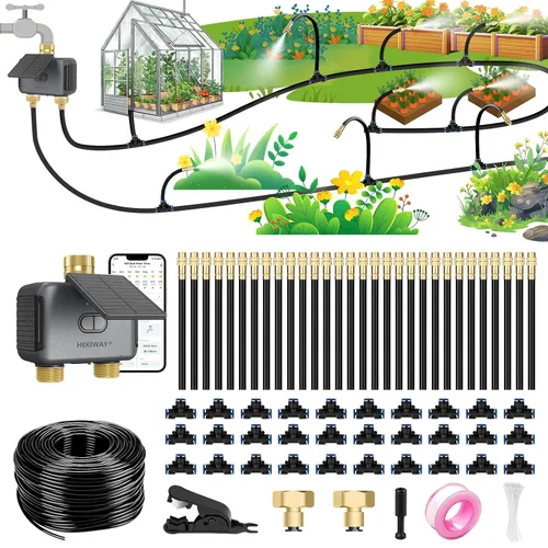Vista 10 de Sistema de riego por goteo de 60 pies con temporizador de agua - Kit de riego automático de jardín con manguera flexible de 360° y boquillas