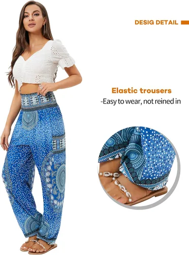 Vista 3 de QIANXIZHAN - Pantalones deportivos de tiro alto para mujer, diseño estilo harén bohemio con bolsillos, para yoga