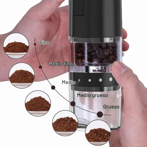 Vista 2 de Molinillo de café, molinillo de granos de café portátil eléctrico, molinillo de rebabas ajustable con 5 ajustes precisos de molienda para verter