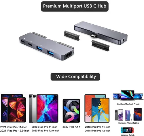 Vista 7 de Adaptador de concentrador USB C para iPad Pro con HDMI 4K, conector de 0.138 in, 2 USB 3.0, PD 60W, datos USB C, ranura para tarjeta SD/TF