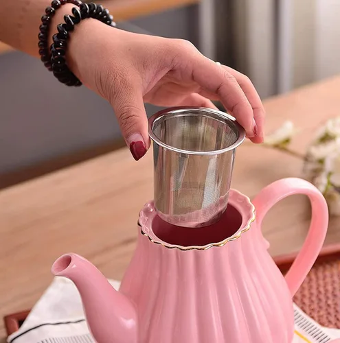Vista 4 de YBK Tech Strengthen - Tetera de porcelana, tetera de cerámica de 31 onzas, diseño de rayas (rosa)