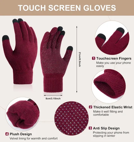 Vista 3 de YSense Conjunto de gorro de invierno para mujer, bufanda y guante, cálido forro polar con pompones, calentador de cuello y guantes para pantalla