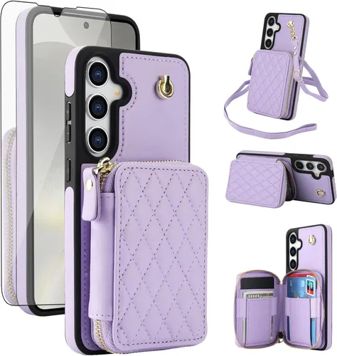 Vista 15 de Asuwish Funda de teléfono para Samsung Galaxy S25 5G Wallet Cell Cover con protector de pantalla de vidrio templado, correa cruzada de muñeca