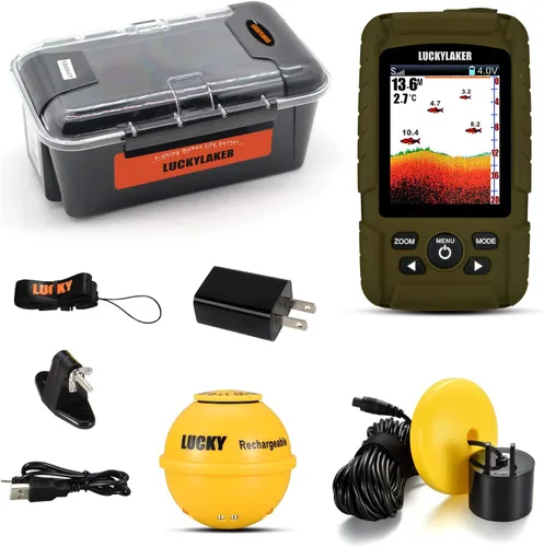 Vista 3 de LUCKY Buscador de peces inalámbrico de mano para barco, transductor con cable, sensor sonar, impermeable, portátil, buscadores de profundidad
