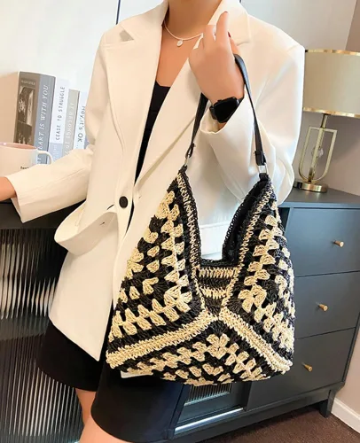 Vista 7 de Bolsos Hobo de paja para mujer, bolso de hombro vintage, bolsa de mano, bolsa de playa de diseñador, bolsa de playa, vacaciones, trabajo, todos