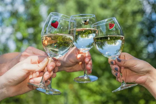 Vista 3 de Simply Charmed Dijes magnéticos para copa de vino con abeja, fresa y flores, juego de 6 divertidos marcadores de bebidas o identificadores