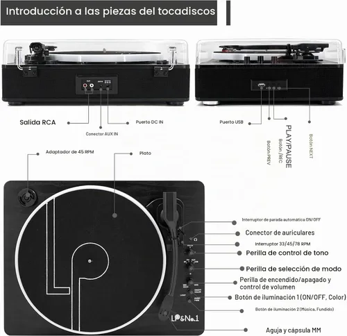 Vista 6 de LP&No.1 - Tocadiscos con altavoces estéreo incorporados, control LED, tocadiscos de vinilo de 3 velocidades con transmisión por correa con Negro