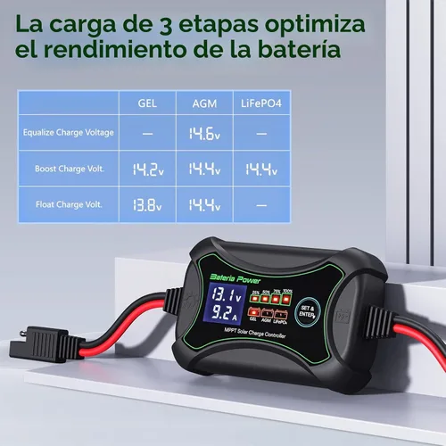 Vista 6 de Bateria Power Controlador de carga solar MPPT de 10 amperios y 12 voltios, controlador de panel solar portátil inteligente, regulador solar