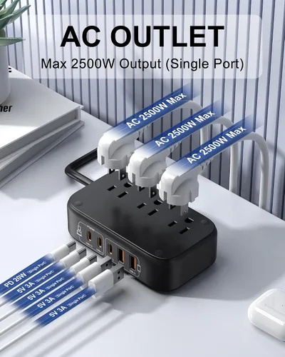 Vista 2 de Regleta de alimentación 7 en 1, regleta de alimentación PD USB C de 85W con 3 USB-C, 2 puertos USB-A y toma de corriente AC de 2500W, enchufe plano