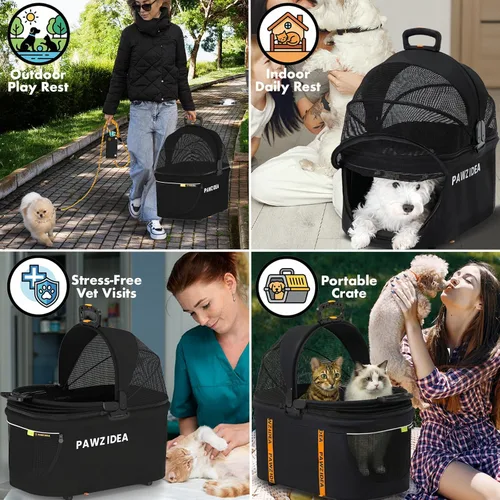 Vista 7 de PAWZIDEA Carriola doble para mascotas con 2 portamascotas desmontables, jaula portátil para perros para viajes en automóvil y porta gatos expandible