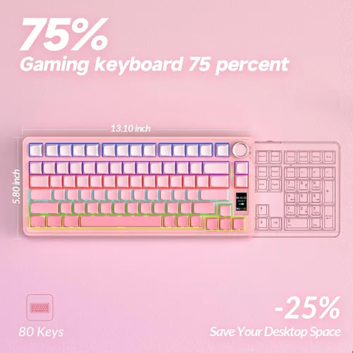Vista 9 de AULA Teclado mecánico inalámbrico S75 PRO con pantalla y perilla, teclado para juegos intercambiable en caliente de tres modos 75%, interruptores