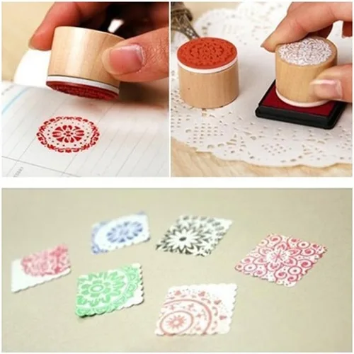 Vista 3 de DECORA Juego de 6 sellos redondos de goma y madera con patrón floral para manualidades