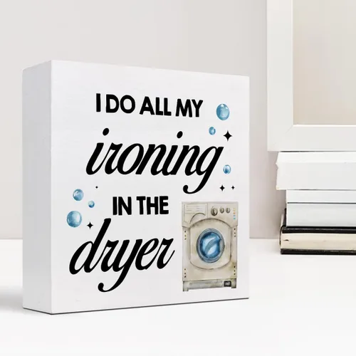 Vista 6 de Letrero de madera con texto en inglés "I Do All My Ironing in the Dry", decoración rústica de madera para lavandería, caja de madera, placa