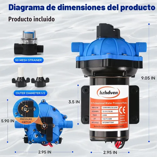 Vista 7 de [Versión mejorada] Bomba de agua dulce de 12V CC para RV, 7GPM 70PSI, bomba de diafragma autocebante de cinco cámaras con interruptor de presión