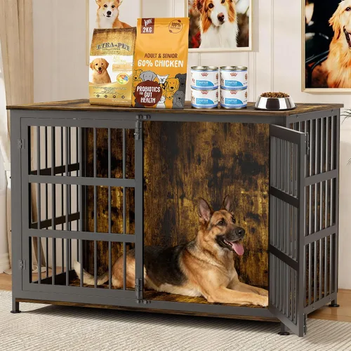 Vista 9 de Jaula para perros de 26 pulgadas, jaulas para perros de razas grandes, jaulas para perros interiores de madera, mesa auxiliar, jaula combinada