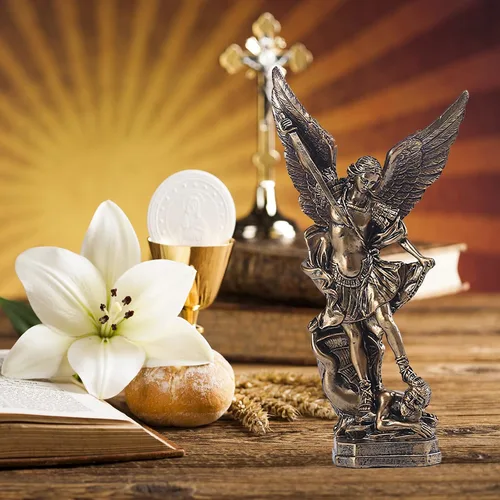 Vista 5 de Estatua de San Miguel Arcángel de 31.8 cm de alto, santo arcángel Miguel derrotó al dragón malvado, escultura de ángel de batalla religiosa
