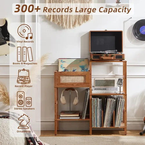 Vista 4 de LELELINKY Soporte para Tocadiscos, Soporte para Discos de Madera Marrón con Almacenamiento de Vinilo con Capacidad para hasta 300+ Álbumes, Mesa