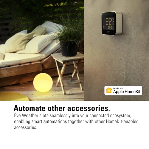 Vista 7 de Eve Weather - Apple HomeKit Hogar Inteligente, Estación Meteorológica Conectada para Exteriores para Seguimiento de Temperatura, Humedad y Presión