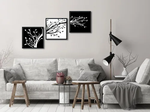 Vista 3 de Wieco Art - Hojas enmarcadas modernas de 3 paneles, arte de flores en lienzo, impresiones en negro y blanco, árboles florales abstractos, pinturas