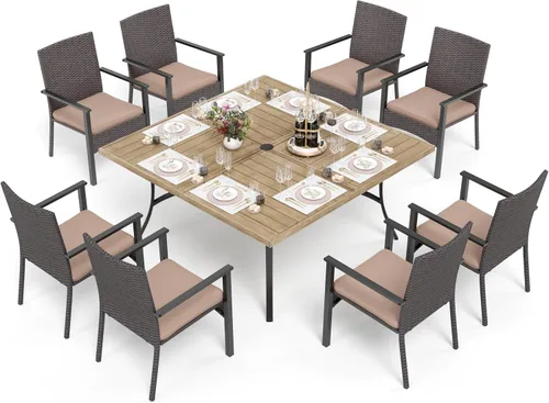 Vista 17 de PHI VILLA Juego de comedor al aire libre de 5 piezas para 4, mesa de comedor cuadrada de metal y sillas de mimbre de ratán con cojines, muebles