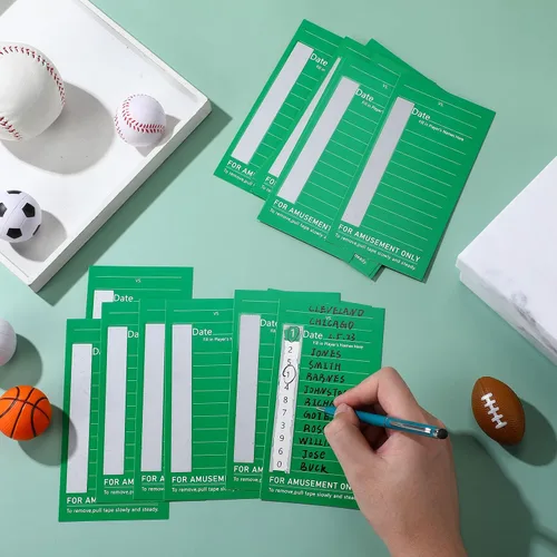 Vista 7 de Paquete de 100 tarjetas deportivas de 10 líneas, tarjetas de tira de fútbol Super Bowl de fútbol, 100 tarjetas de béisbol verde sin repetición