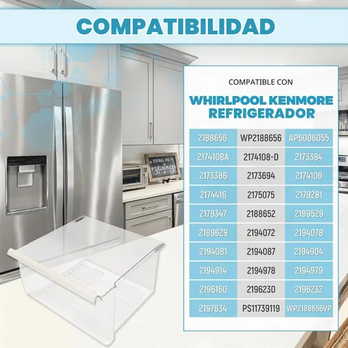 Vista 5 de Kojem 2188656 Cajón de Repuesto para Vegetales (Superior) Compatible con Refrigerador Whirlpool Kenmore con Control de Humedad, Plástico (PS)