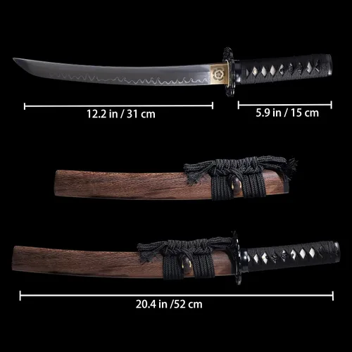 Vista 9 de Tanto Sword - Espada corta hecha a mano de arcilla katana templada de acero T10 real Hamon espada samurái de espiga completa afilada