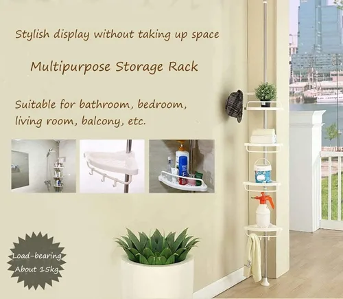 Vista 5 de Hershii Estante de ducha esquinero de 4 niveles con barra de tensión, organizador de estante de baño, estante de almacenamiento ajustable para baño