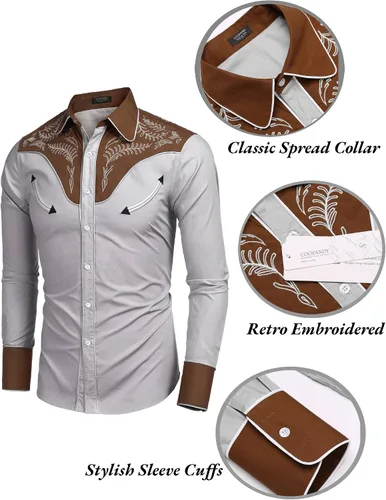 Vista 5 de COOFANDY Camisa vaquera de manga larga bordada con botones para hombre