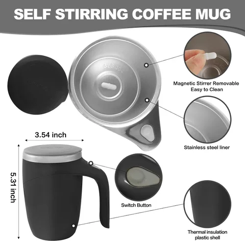Vista 2 de Taza de café con agitación magnética automática, taza giratoria para mezcla en casa, oficina y viaje, divertida taza eléctrica de acero inoxidable
