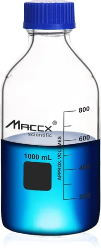 Vista 13 de Botellas redondas de vidrio de 34 onzas (33.8 fl oz), botella de vidrio de borosilicato resistente con tapa de rosca GL45, paquete de 2