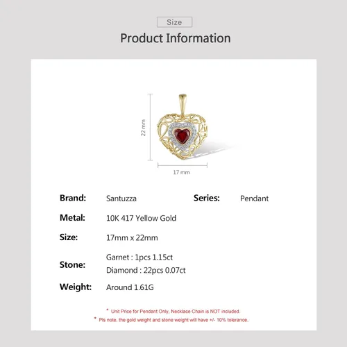 Vista 5 de Santuzza Colgante delicado con forma de corazón de oro macizo de 10 quilates, con diamantes auténticos, sin cadena para mujer
