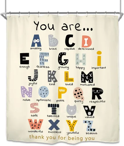 Vista 7 de Miyotaa ABC Frases Alfabéticas Juego de Cortina de Ducha 60Wx71H Pulgadas Frases Positivas Inspiradoras Motivacionales Estás Aprendiendo Cortina