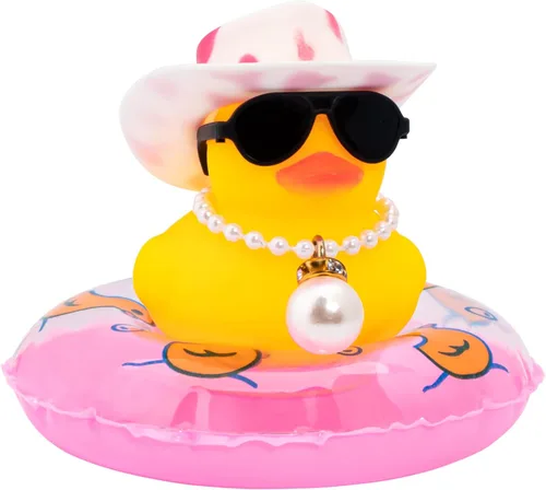Vista 33 de wonuu Pato de goma para automóvil, decoración de pato amarillo con sombrero para el sol, anillo de natación, collar, gafas de sol para decoración