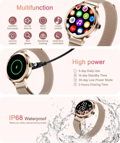 Vista 8 de Relojes inteligentes para mujer, 1.106 pulgadas AMOLED pequeña pantalla HD Smartwatch responder/hacer llamadas para teléfonos Android iOS, oro rosa