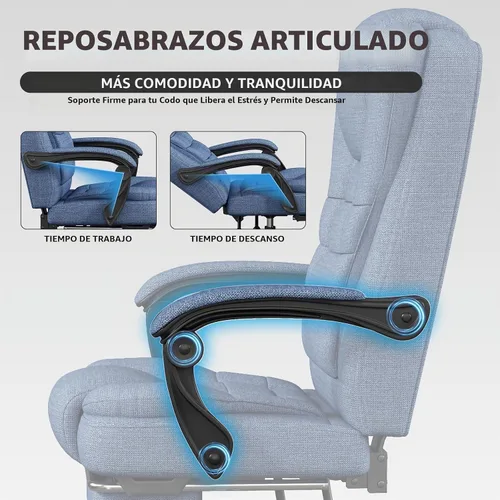 Vista 6 de Silla de juegos con reposapiés, silla de oficina ergonómica reclinable de 90° a 150°, silla de escritorio ajustable con reposabrazos de Tela azul