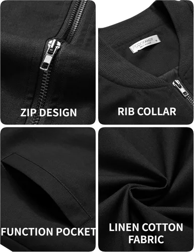 Vista 5 de COOFANDY - Chaqueta bomber de algodón para hombre, ligera, de vuelo, chaquetas casuales de softshell, chaqueta varsity