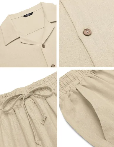 Vista 4 de COOFANDY Conjunto de ropa de lino de 2 piezas para hombre camisa con botones y pantalones sueltos