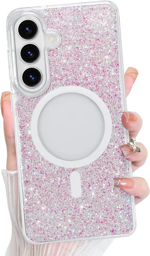 Vista 589 de Bonoma - Funda compatible con Samsung Galaxy S21 Plus, diseño de corazón con purpurina, color rosa Support for MagSafe, Plating Magnetic Case TPU