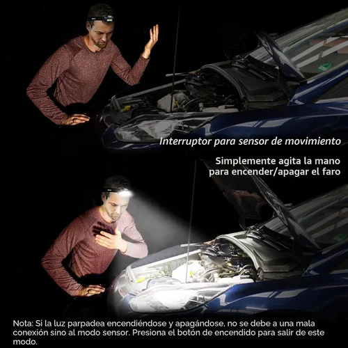 Vista 4 de Blukar Linterna frontal LED recargable, 2000L de alto lumen súper brillante regulable linterna con sensor de movimiento, 8 modos, foco e reflector