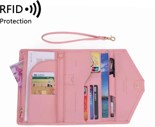 Vista 2 de FLO-MOTOR multifunctional Rfid blocking travel passport wallet,trifold document holder passport bag with wrist strap large capacity clutch passport