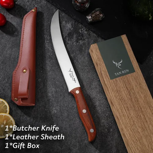 Vista 6 de TAN REN Cuchillo para romper carnicero de 8 pulgadas, acero inoxidable para cortar carne, corte de pechuga con funda, mango de madera ergonómico