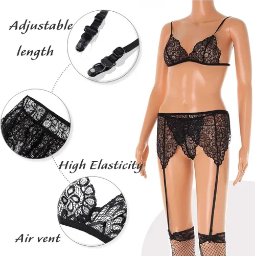 Vista 2 de Yokawe Lace Lingerie Set with Garter Belt Mesh Bra Panty Bikini Set Lingerie Outfits for Women and Girls