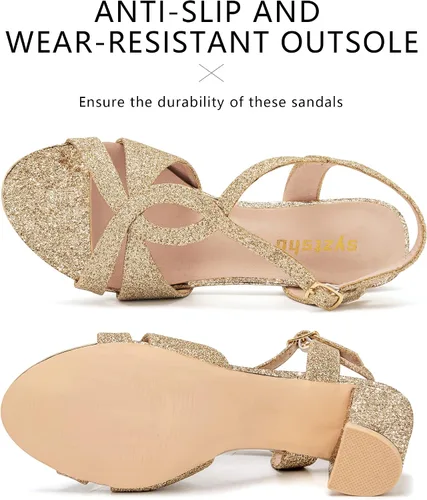 Vista 3 de Sandalias de tacón grueso con purpurina para mujer, tacón grueso, puntera abierta, tacones brillantes, vestido de boda, fiesta, tacón alto