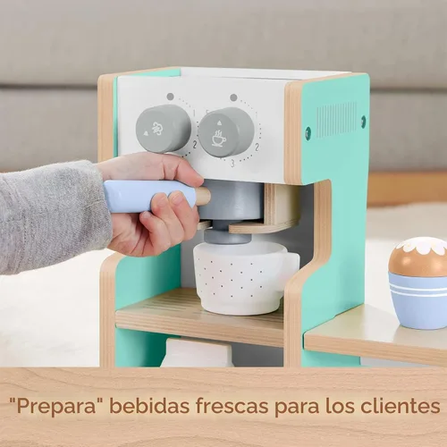 Vista 4 de Fisher-Price Wood Pretend Play Coffee Shop & Toy Register, juego de comida de madera de 20 piezas para niños preescolares a partir de 3 años