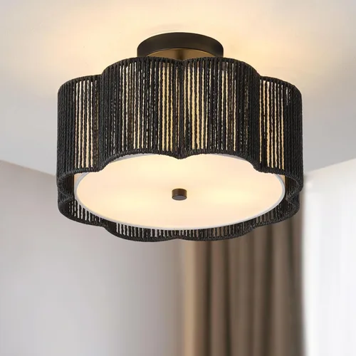 Vista 13 de Lámparas bohemias de 13.6 pulgadas de montaje empotrado, 3 luces de ratán para techo, montaje empotrado dorado para dormitorio, en forma de flor